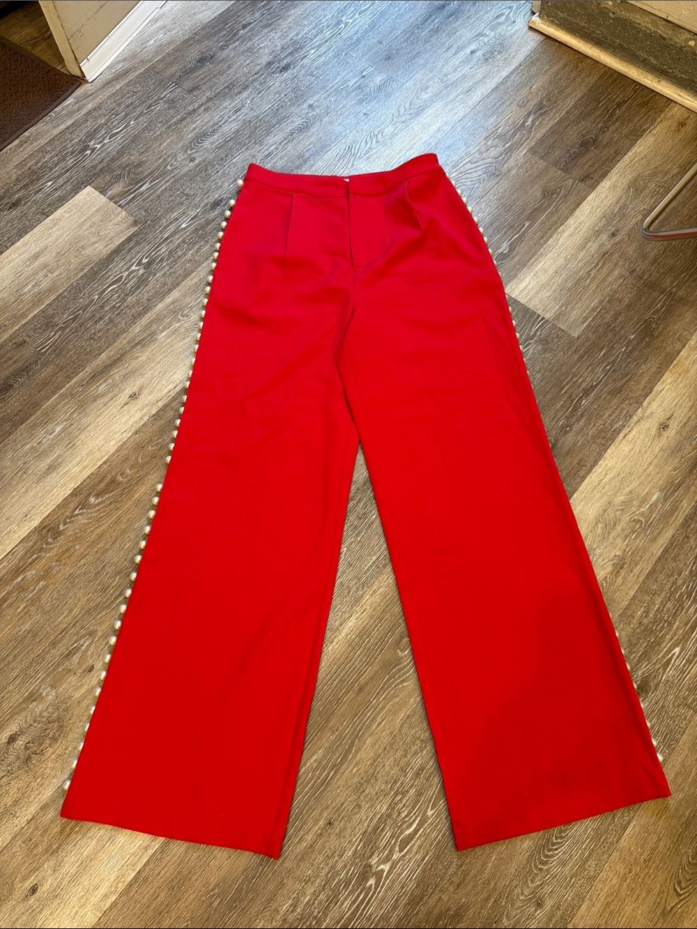 Wide Leg Red Trousers with Side Pearl Trim